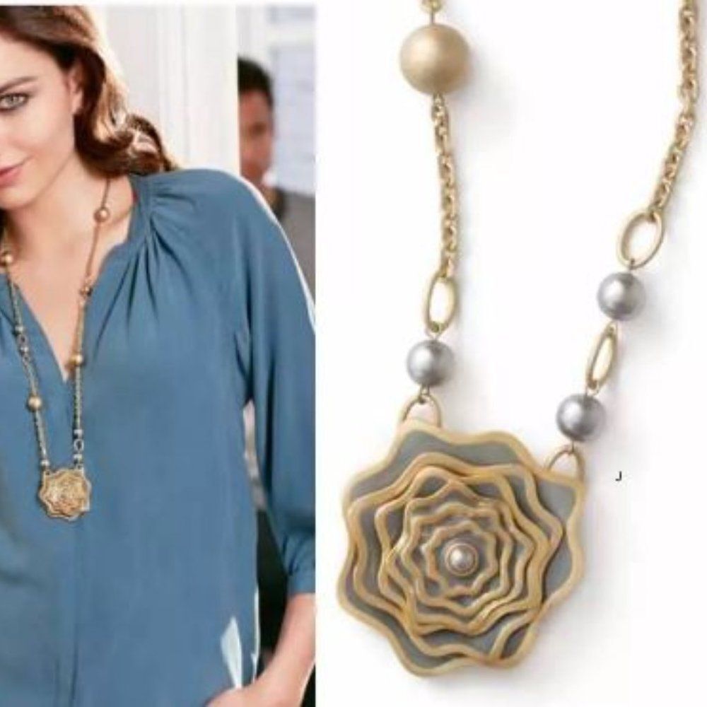 NWOT Lia Sophia "Garden Rose" Gold and Grey Floral long necklace